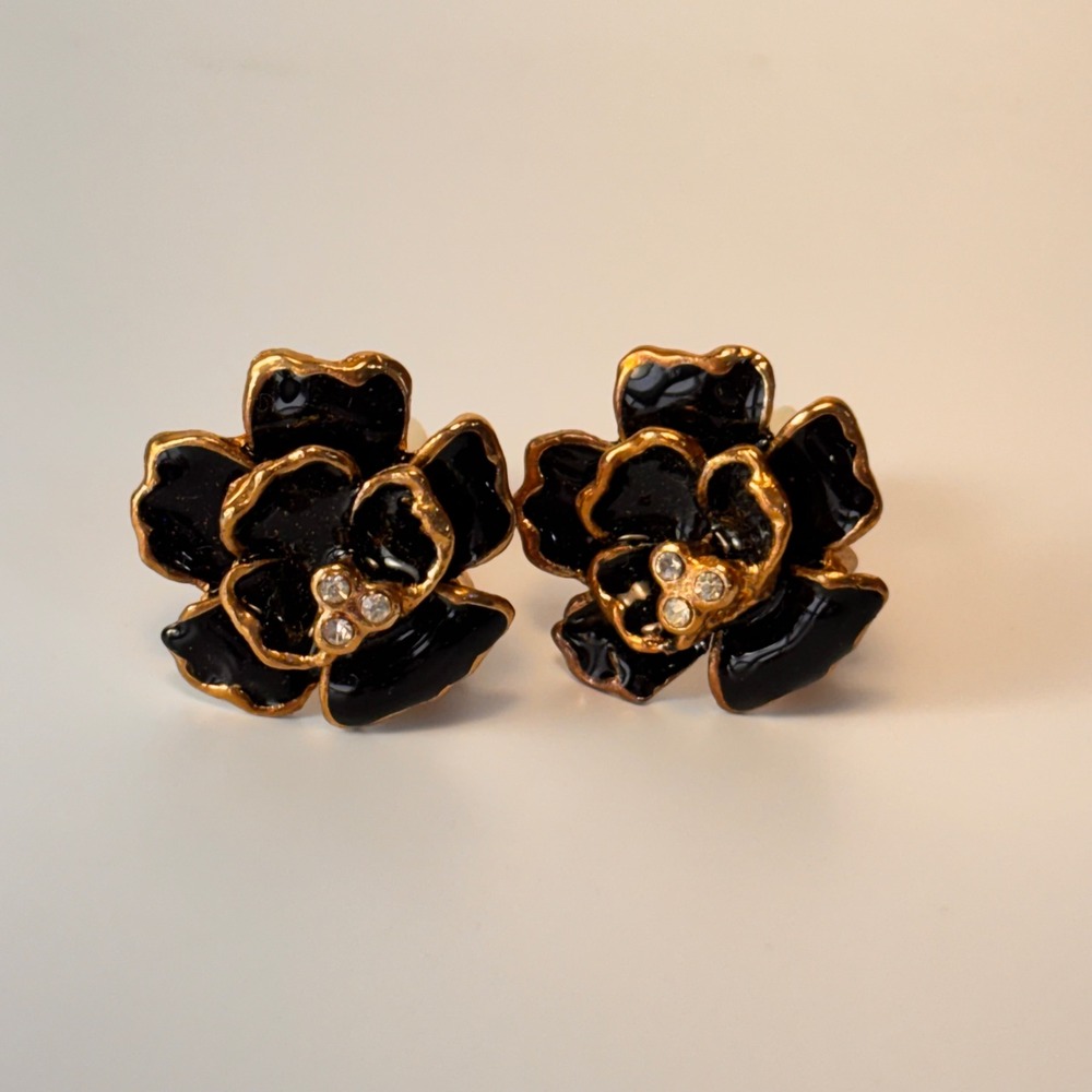 1980s Vintage Flower Clip On Earrings Black Gold Enamel Statement Rose Deco